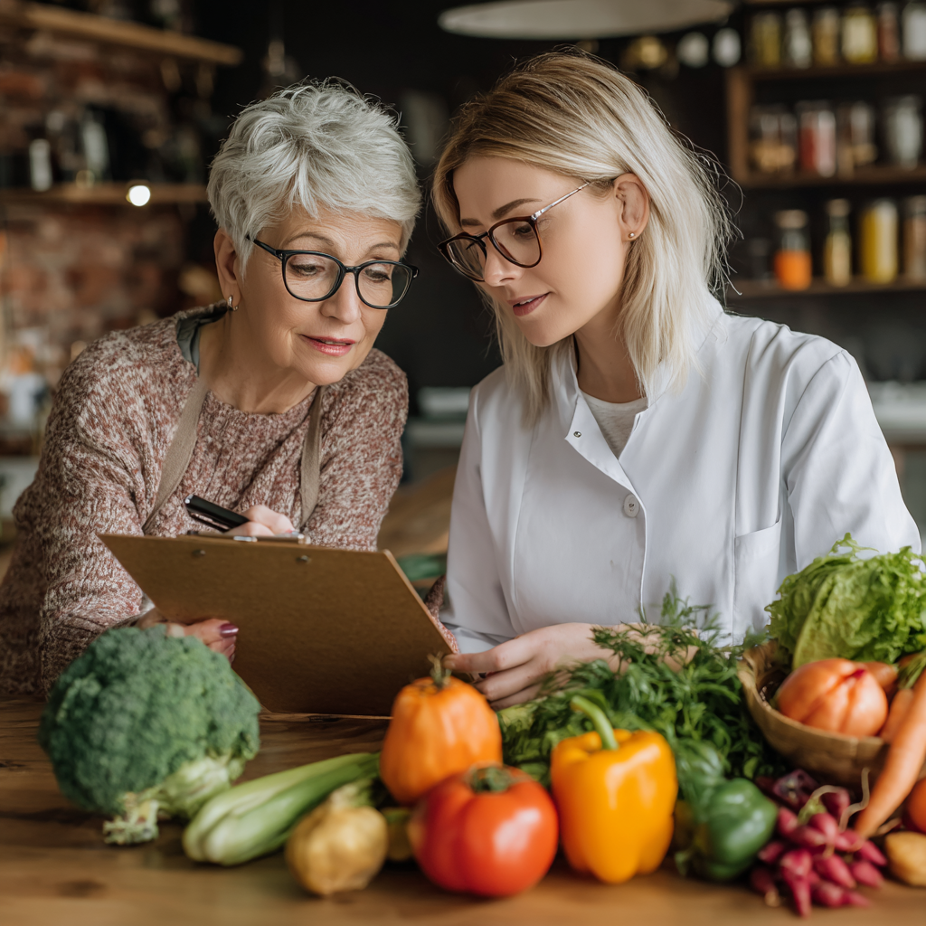 Experienced nutritionist consulting with mature adult client over comprehensive meal planning documents and fresh ingredients